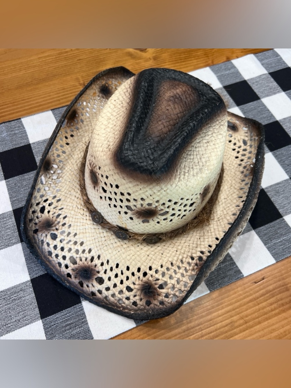 Two-Tone Distressed Straw Cowboy Hat - Natural and Black